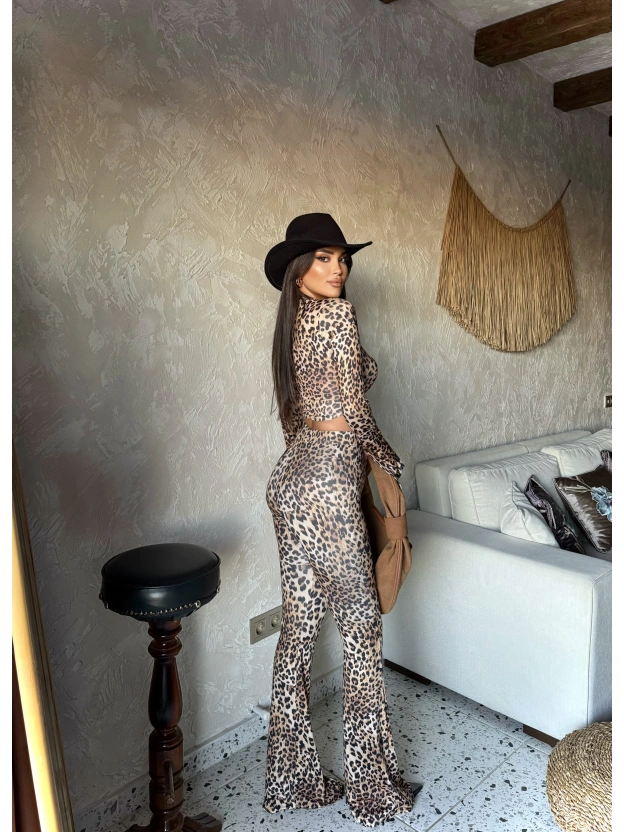 Leopar Balıkçı Yaka İspanyol Kol Crop Tayt Takım