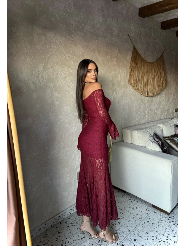 Bordo Dantelli Madonna Yaka Uzun Elbise