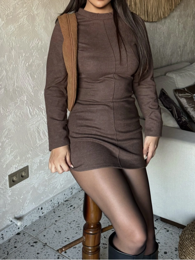 Kahverengi Yumoş Mini Elbise