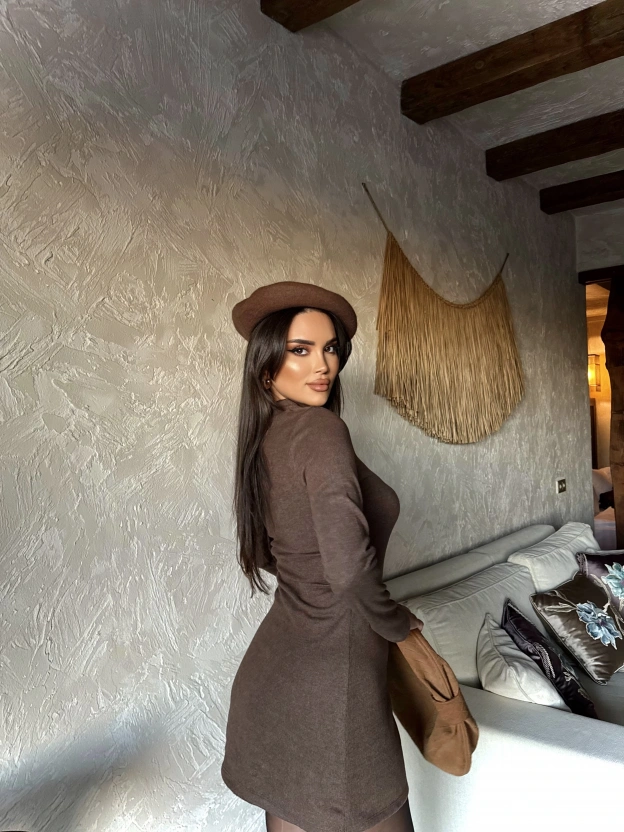 Kahverengi Yumoş Mini Elbise