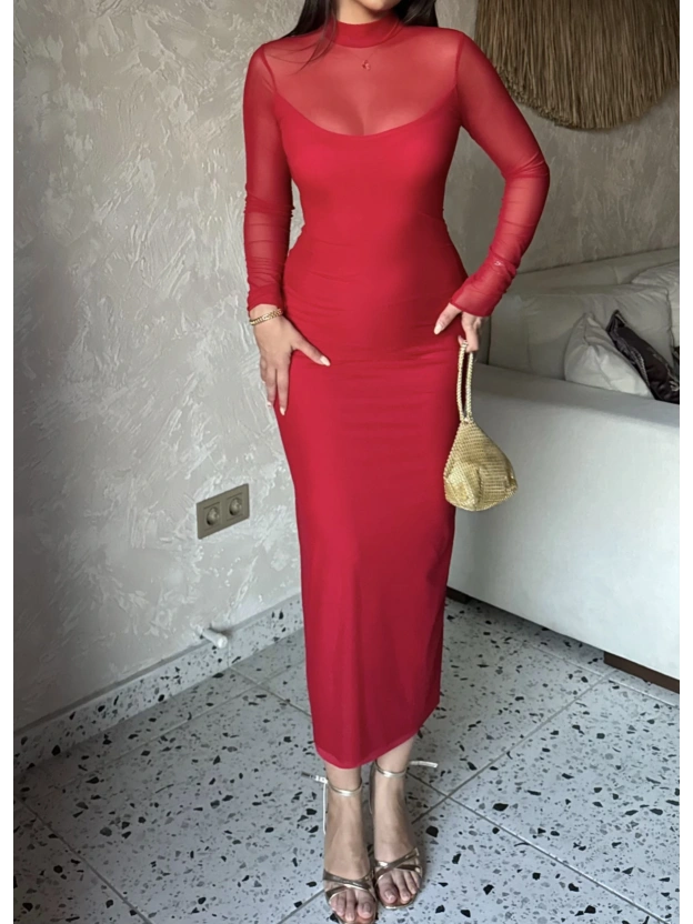 Kırmızı Tül Astarlı Uzun Elbise