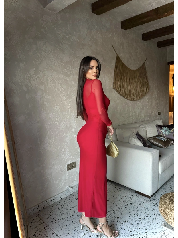 Kırmızı Tül Astarlı Uzun Elbise