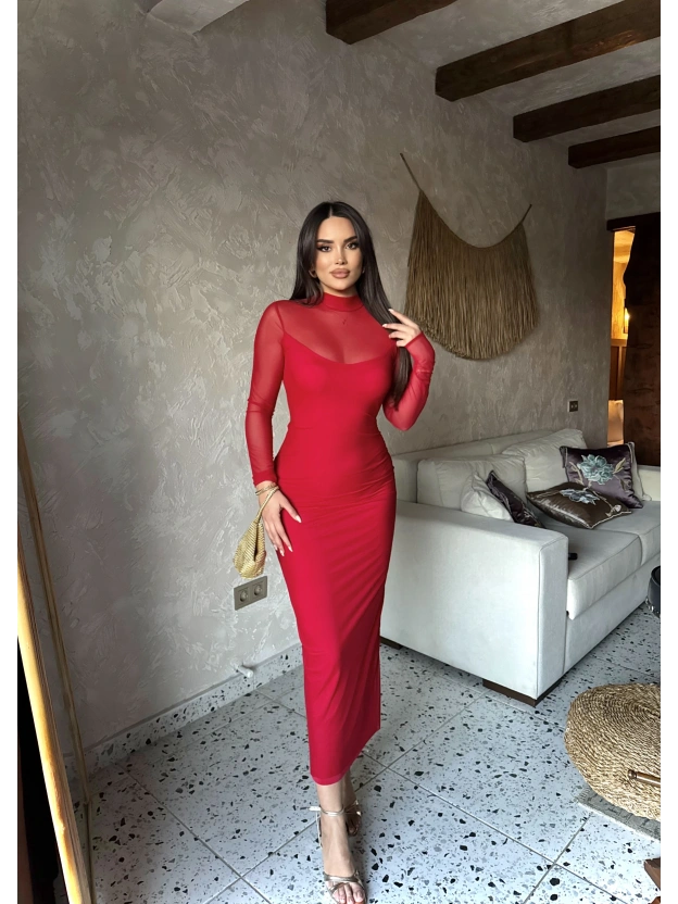 Kırmızı Tül Astarlı Uzun Elbise