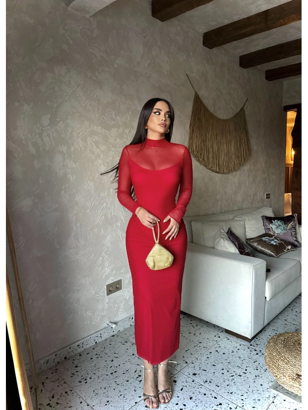 Kırmızı Tül Astarlı Uzun Elbise