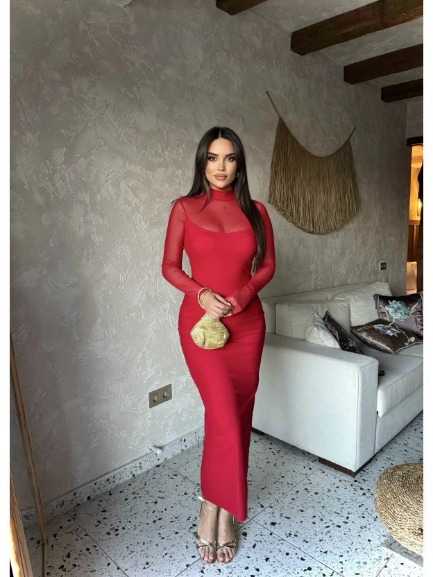Kırmızı Tül Astarlı Uzun Elbise