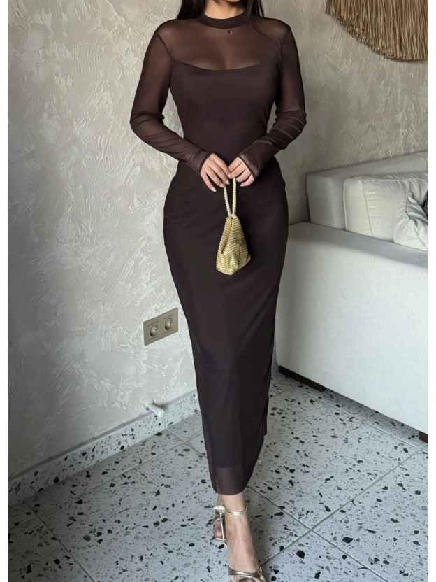 Kahverengi Tül Astarlı Uzun Elbise