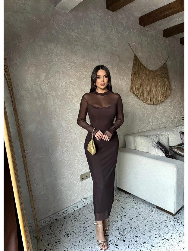 Kahverengi Tül Astarlı Uzun Elbise