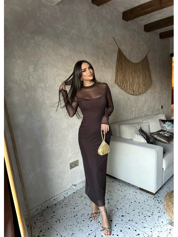 Kahverengi Tül Astarlı Uzun Elbise