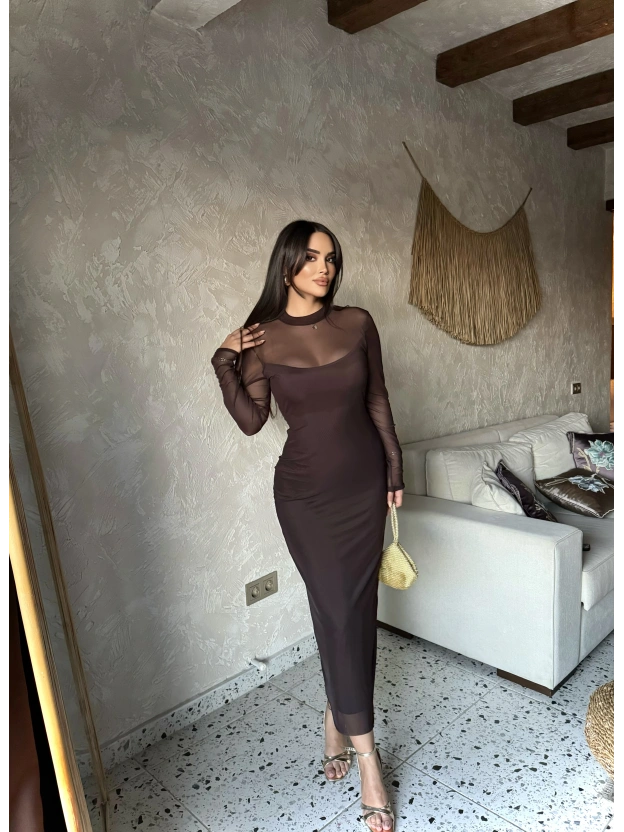 Kahverengi Tül Astarlı Uzun Elbise