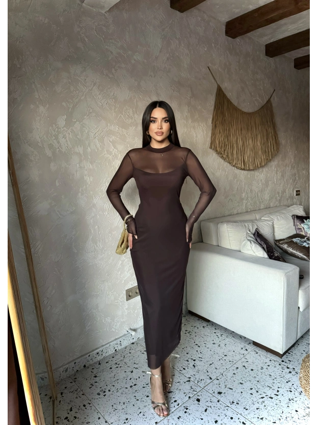 Kahverengi Tül Astarlı Uzun Elbise