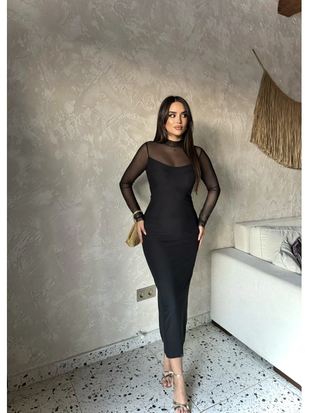 Siyah Tül Astarlı Uzun Elbise
