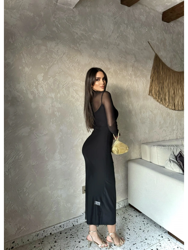 Siyah Tül Astarlı Uzun Elbise