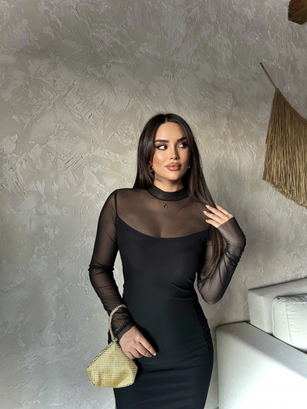 Siyah Tül Astarlı Uzun Elbise