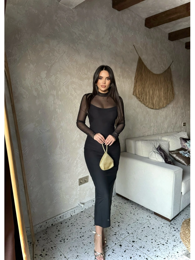 Siyah Tül Astarlı Uzun Elbise