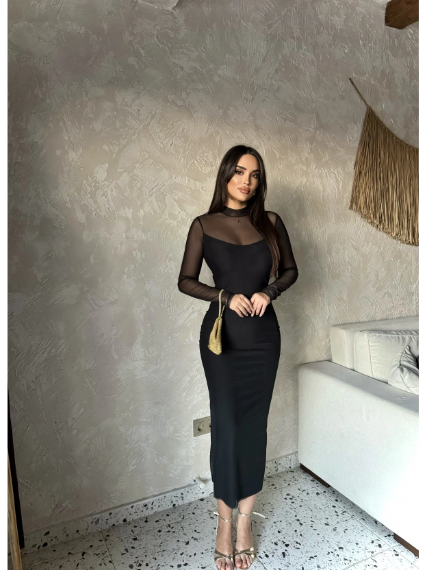 Siyah Tül Astarlı Uzun Elbise