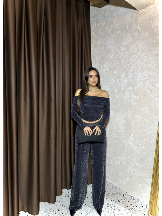 Siyah Buzzy Simli Bluz Pantolon Takım