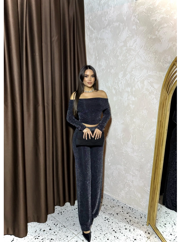 Siyah Buzzy Simli Bluz Pantolon Takım