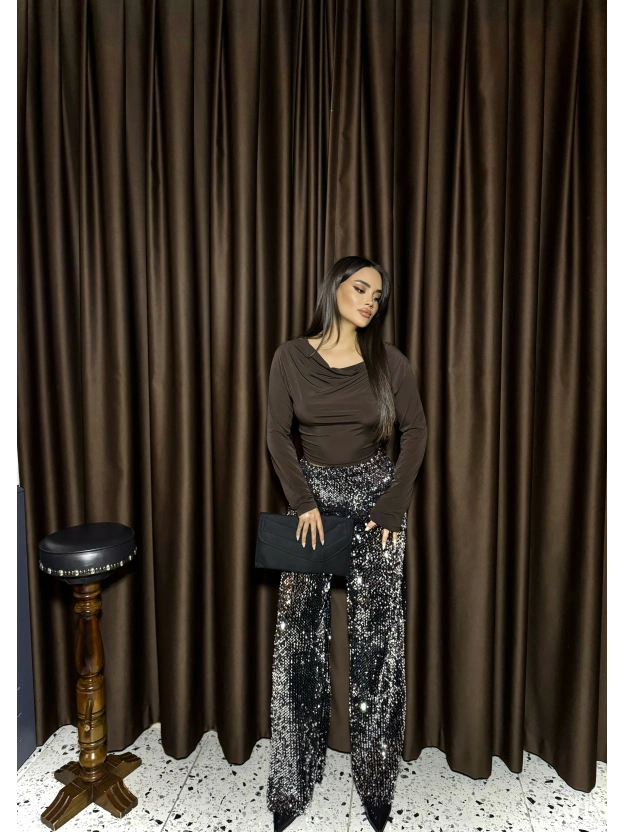 Siyah Payetli Palazzo Pantolon