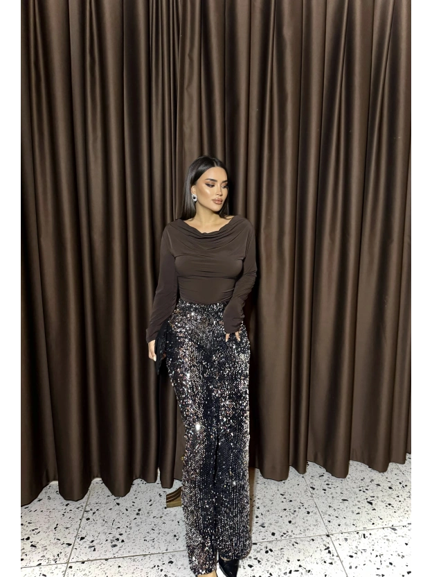 Siyah Payetli Palazzo Pantolon