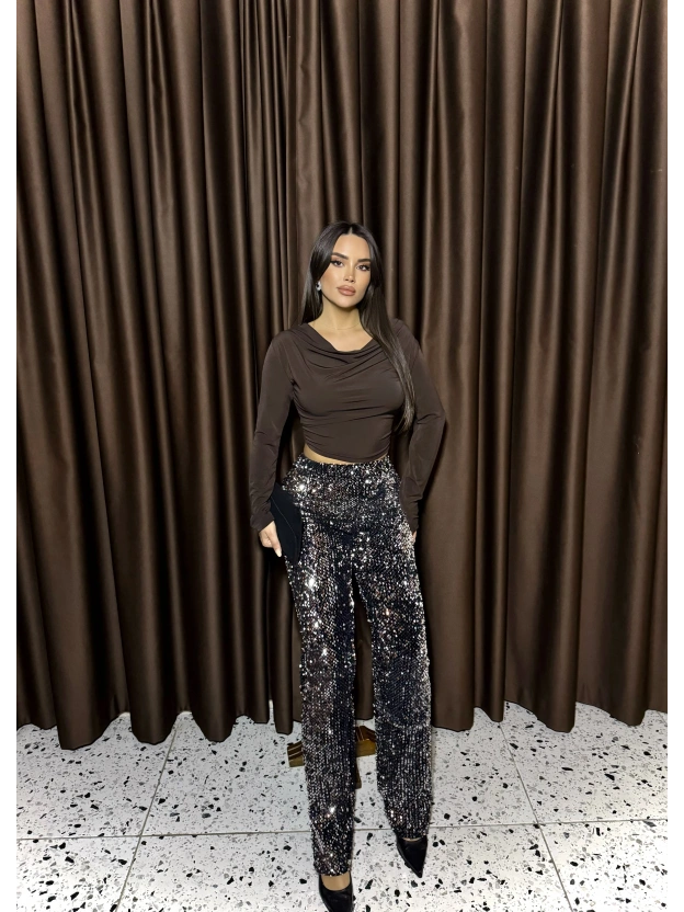 Siyah Payetli Palazzo Pantolon