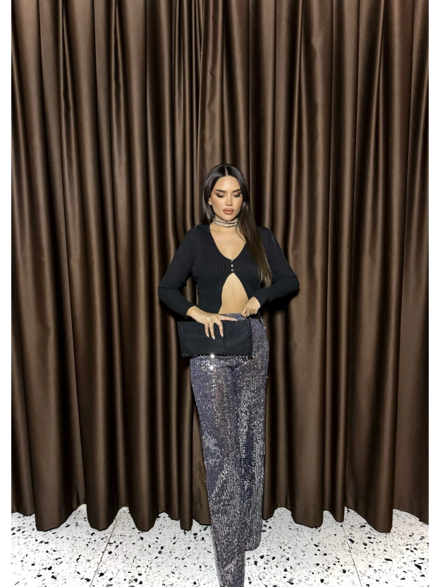 Antrasit Payetli Palazzo Pantolon