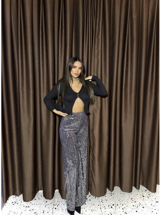 Antrasit Payetli Palazzo Pantolon