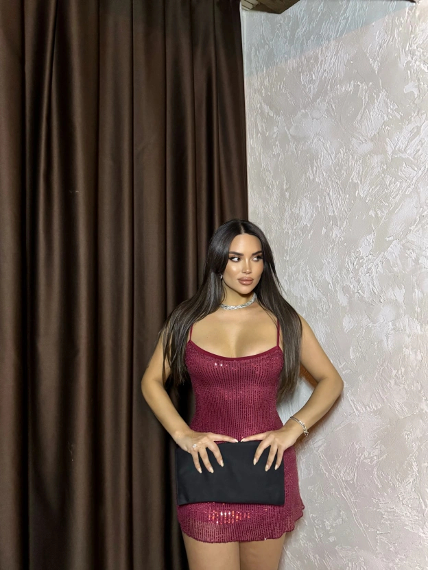 Bordo Askılı Payetli Mini Elbise