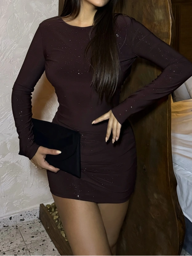 Kahverengi Simli Sırt Detay Elbise