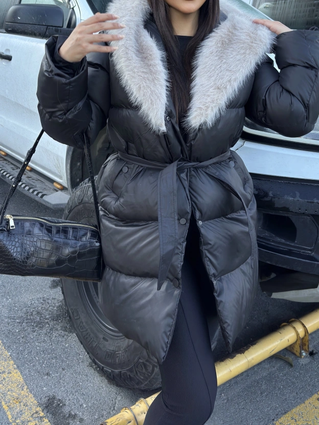 Siyah Kürklü Oversize Premium Mont