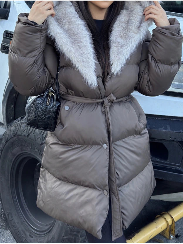 Kahverengi Kürklü Oversize Premium Mont