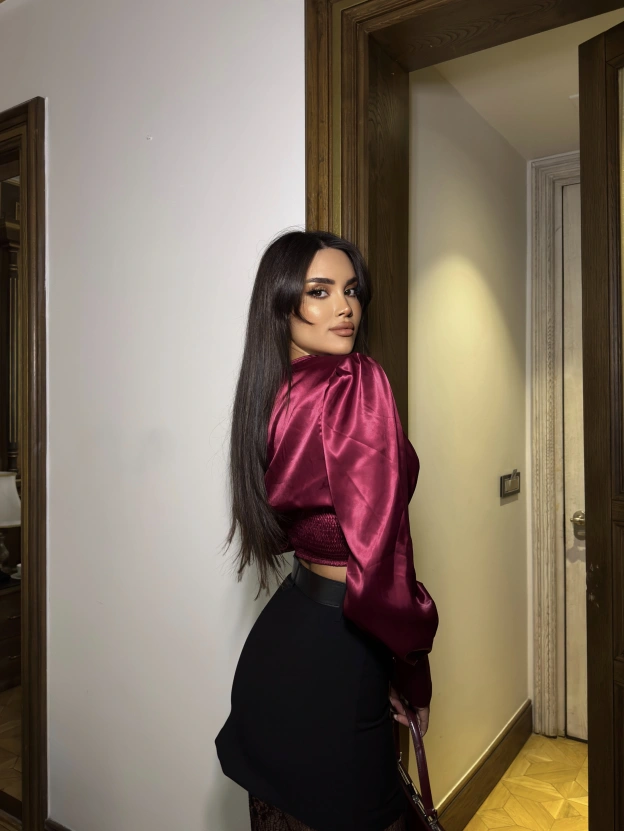 Bordo V Yaka Saten Bluz