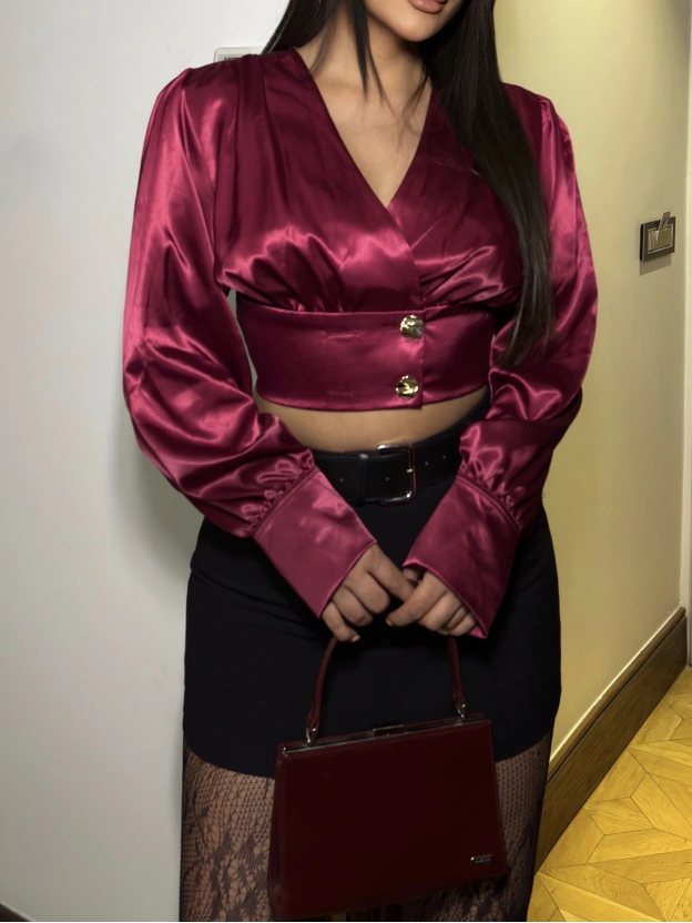 Bordo V Yaka Saten Bluz