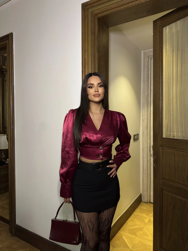 Bordo V Yaka Saten Bluz