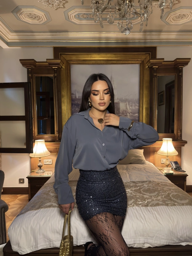 Gri Payet Detay Gömlek Elbise