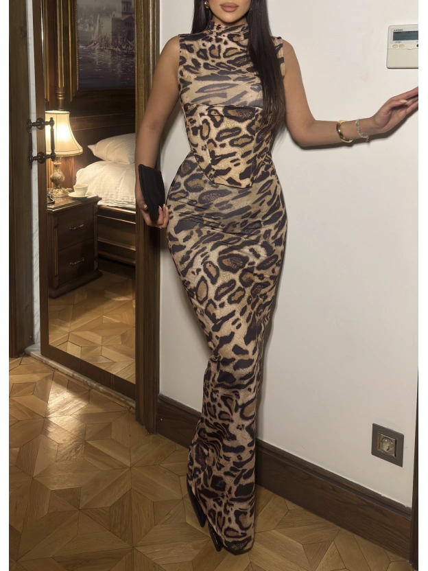 Leopar Korseli Uzun Elbise