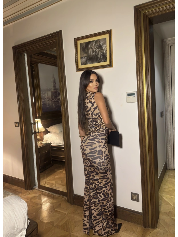 Leopar Korseli Uzun Elbise