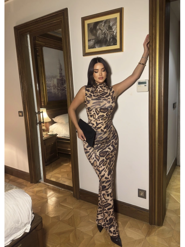 Leopar Korseli Uzun Elbise