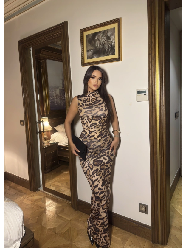 Leopar Korseli Uzun Elbise