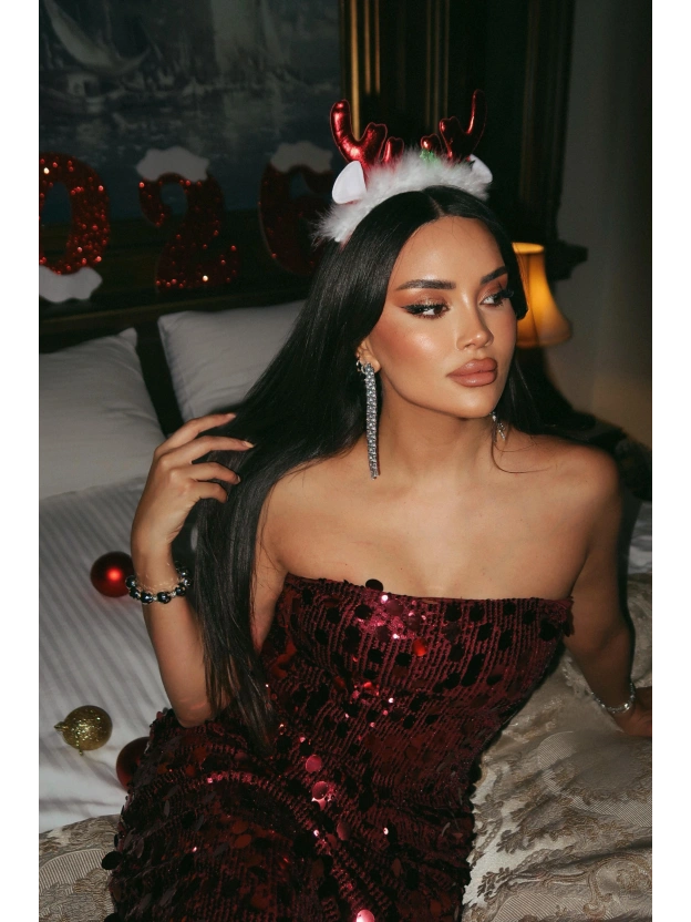 Bordo Straplez Uzun Payetli Elbise