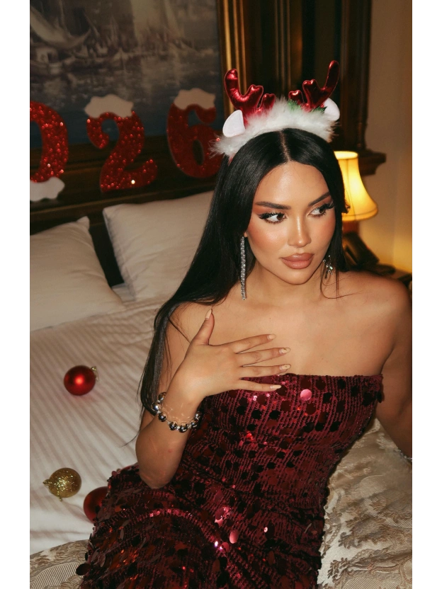 Bordo Straplez Uzun Payetli Elbise