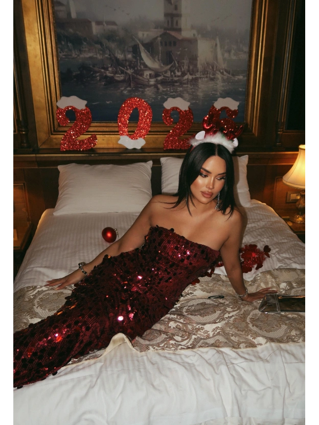 Bordo Straplez Uzun Payetli Elbise