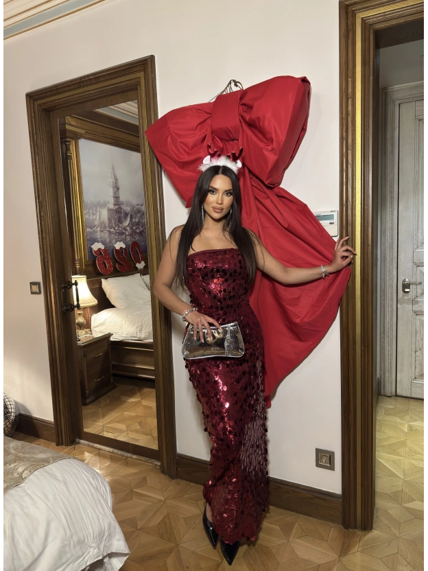 Bordo Straplez Uzun Payetli Elbise