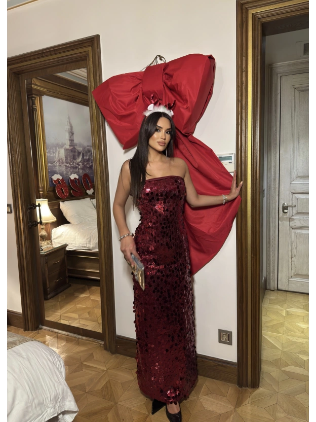 Bordo Straplez Uzun Payetli Elbise