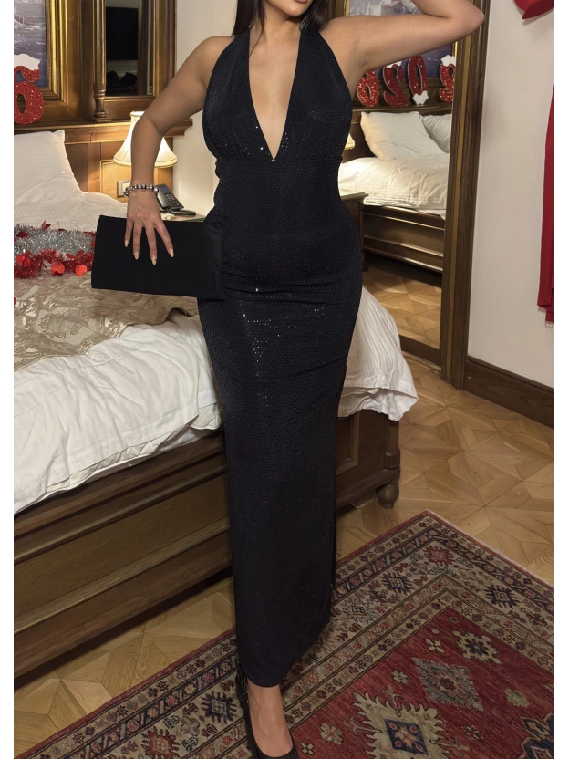 Siyah Payetli Boyundan Bağlamalı Uzun Elbise