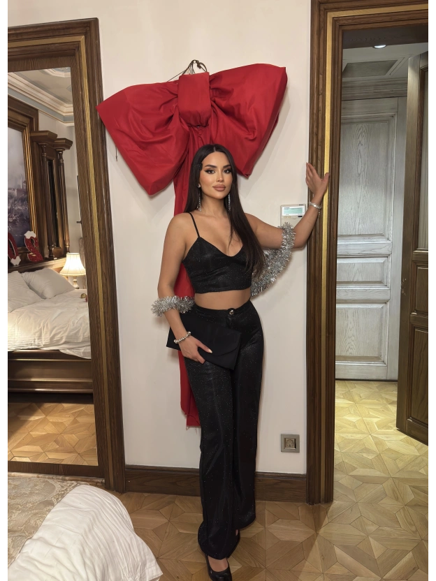 Siyah Simli Pantolon Büstiyer Takım