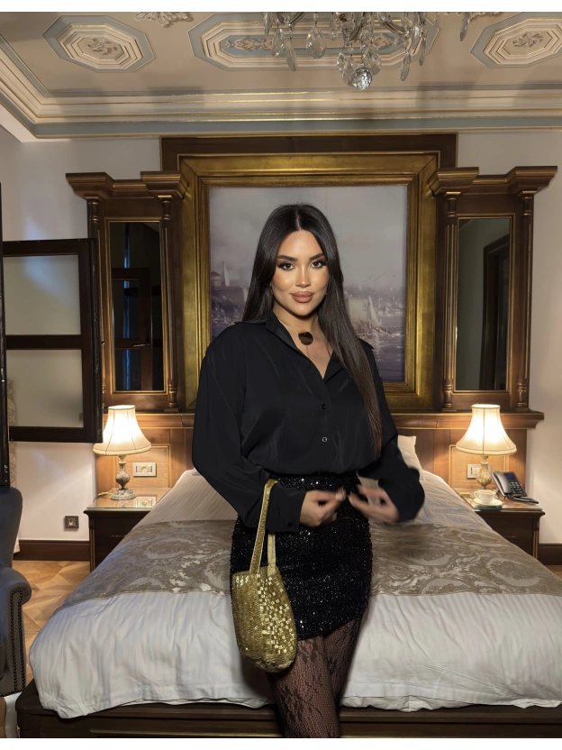 Siyah Payet Detay Gömlek Elbise