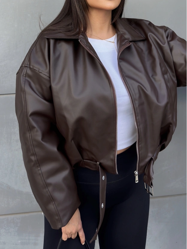 Kahverengi İçi Peluş Kemerli Deri Ceket