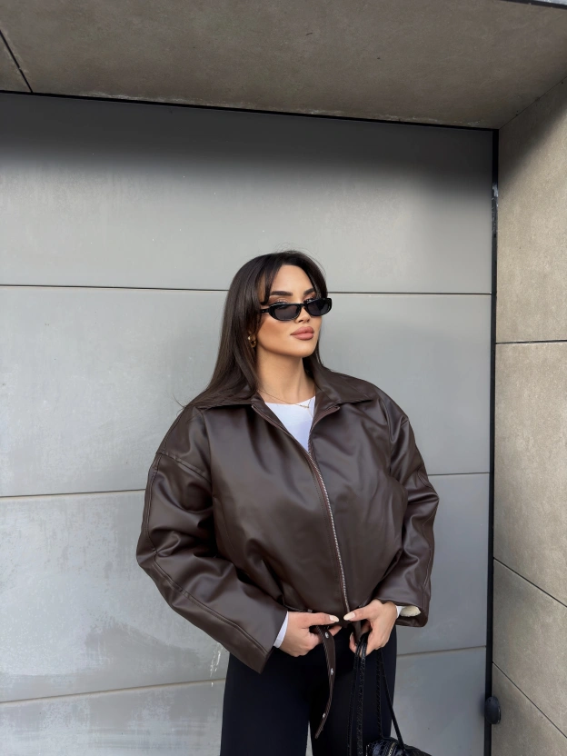 Kahverengi İçi Peluş Kemerli Deri Ceket