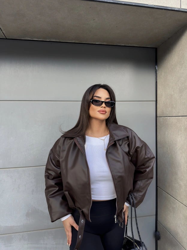 Kahverengi İçi Peluş Kemerli Deri Ceket