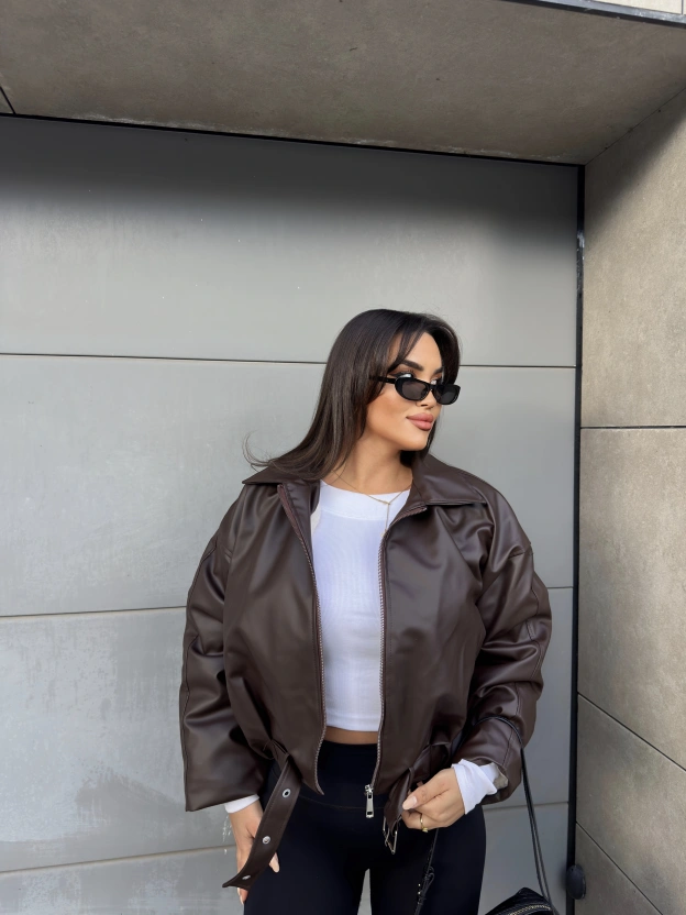 Kahverengi İçi Peluş Kemerli Deri Ceket